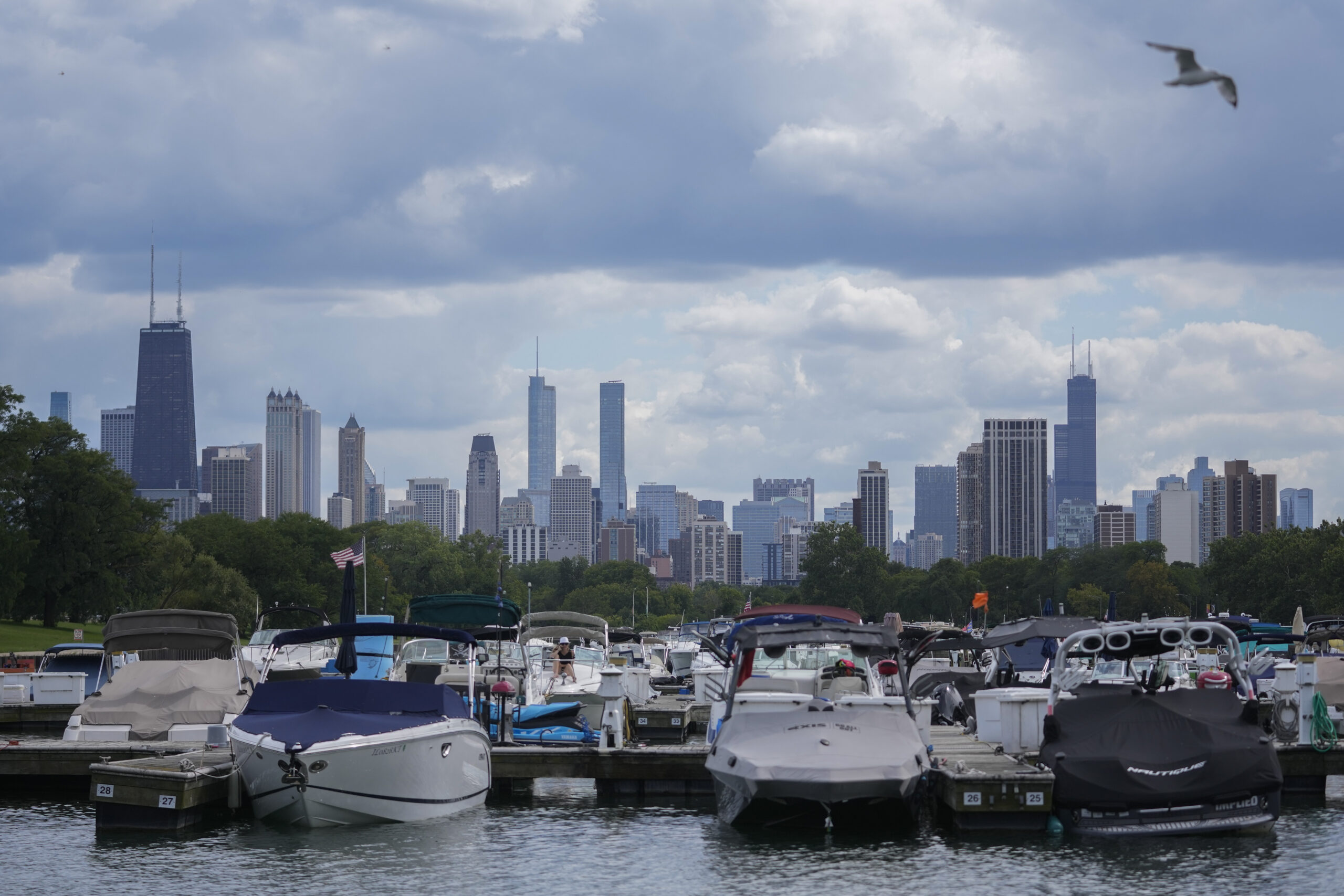 The Chicago city skyline is seen from Diversey Harbor, Wednesday, Aug. 27, 2025.