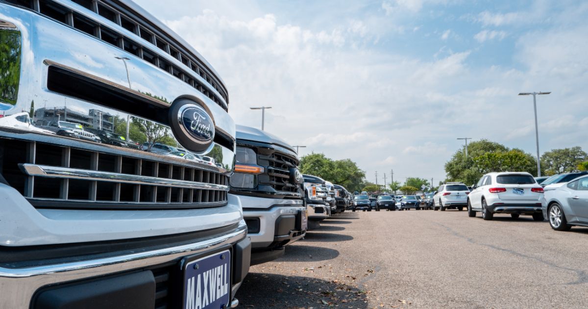 The front bumper of a Ford F-150 is seen on a lot at the dealership on April 18, 2025 in Austin, Texas.