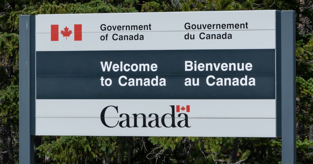 A sign welcoming people to Canada is pictured on the Canadian border on July 1, 2018.