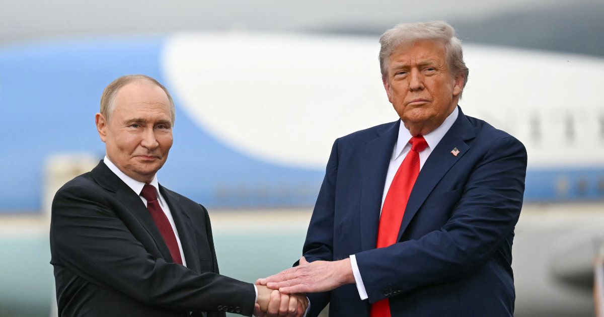 President Donald Trump shakes the hand of Russian President Vladimir Putin in Anchorage, Alaska, on August. 15, 2025.