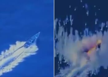 Secretary of War Pete Hegseth shared video footage of the boat before, left, and after it was destroyed.