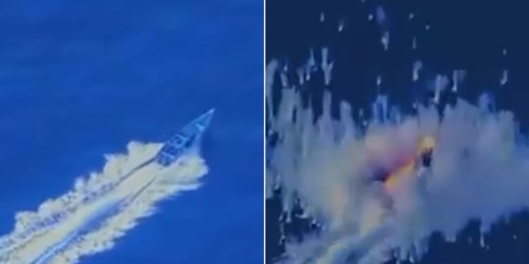 Secretary of War Pete Hegseth shared video footage of the boat before, left, and after it was destroyed.
