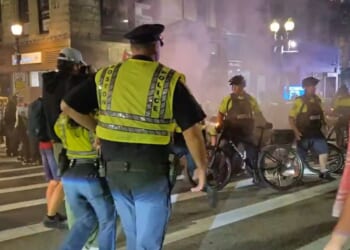 Boston police confront pro-Palestinian protesters Tuesday on the anniversary of the Oct. 7, 2023 massacre in Israel.