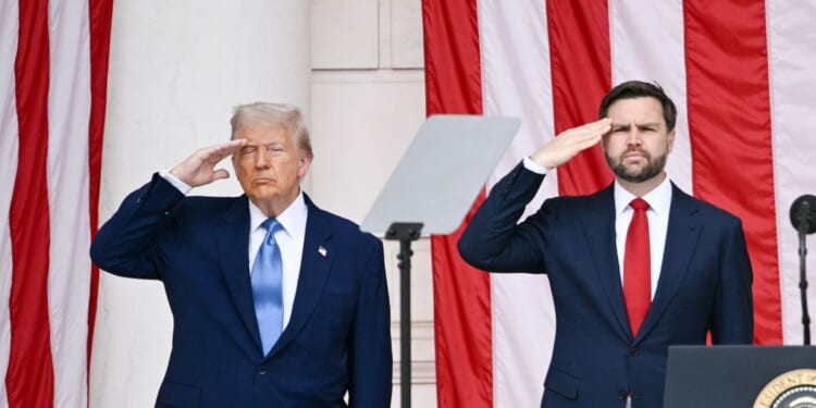 President Donald Trump and Vice President J.D. Vance salute at the National Memorial Day Observance at the Memorial Amphitheatre in Arlington National Cemetery in Arlington, Virginia, on May 26, 2025.