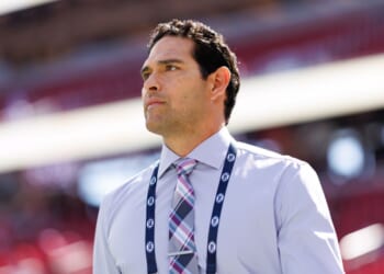 NFL broadcaster Mark Sanchez stands on the field prior to a game between the Arizona Cardinals and the San Francisco 49ers at Levi's Stadium on Sept. 21, 2025, in Santa Clara, California.