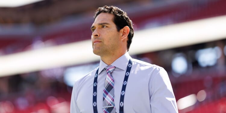 NFL broadcaster Mark Sanchez stands on the field prior to a game between the Arizona Cardinals and the San Francisco 49ers at Levi's Stadium on Sept. 21, 2025, in Santa Clara, California.