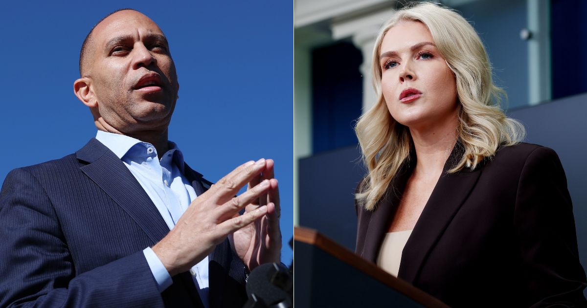 House Minority Leader Hakeem Jeffries, left, attacked White House press secretary Karoline Leavitt, right, in a sick rant, calling her “out of control.”