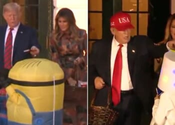 President Donald Trump repeated his classic Halloween prank of balancing a candy bar on the top of a costumed kid's head during Thursday's White House celebration.