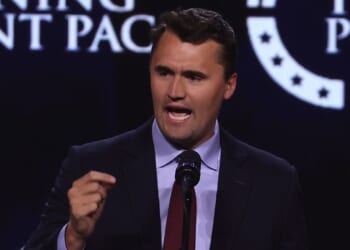 Charlie Kirk, founder and executive director of Turning Point USA, is pictured speaking on June 6, 2024, during a Turning Point PAC town hall at Dream City Church in Phoenix, Arizona.