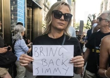 Fans of late-night host Jimmy Kimmel participate in a protest against ABC's decision to suspend Jimmy Kimmel from his show on Sept. 19 in New York City. ABC suspended Kimmel over comments he made about Charlie Kirk's shooting.