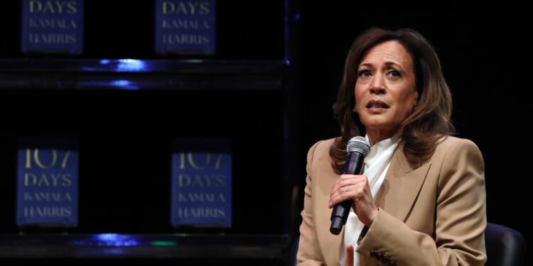 Former Vice President Kamala Harris speaks at the Wiltern Theatre on Sept. 29, 2025, in Los Angeles, California.