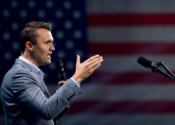 Charlie Kirk, who founded Turning Point USA, speaks before former President Donald Trump's arrival during a Turning Point USA Believers Summit conference at the Palm Beach Convention Center on July 26, 2024, in West Palm Beach, Florida.