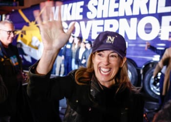 Democratic gubernatorial candidate Mikie Sherrill waves during a campaign event in Montclair, New Jersey, on Nov. 3, 2025.