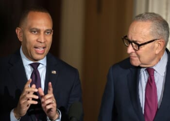 Senate Minority Leader Chuck Schumer and House Minority Leader Hakeem Jeffries speak to news reporters in Washington, DC on Oct. 16, 2025.