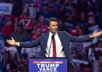 Turning Point USA founder Charlie Kirk speaks during a campaign rally for President Donald Trump at Desert Diamond Arena on Aug. 23, 2024, in Glendale, Arizona.