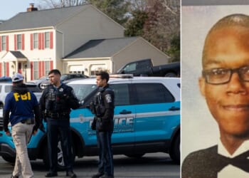 FBI agents and police, right, gather Thursday in front of the home of suspected Jan. 6, 2021, pipe bomber Brian Cole, left. Authorities said they believe Cole placed two pipe bombs the night before the U.S. Capitol incursion.