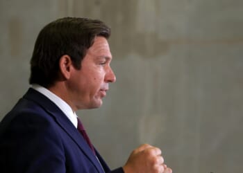 Florida Gov. Ron DeSantis speaks during a press conference held at the ICE Enforcement and Removal Operation office on May 1, 2025, in Miramar, Florida.