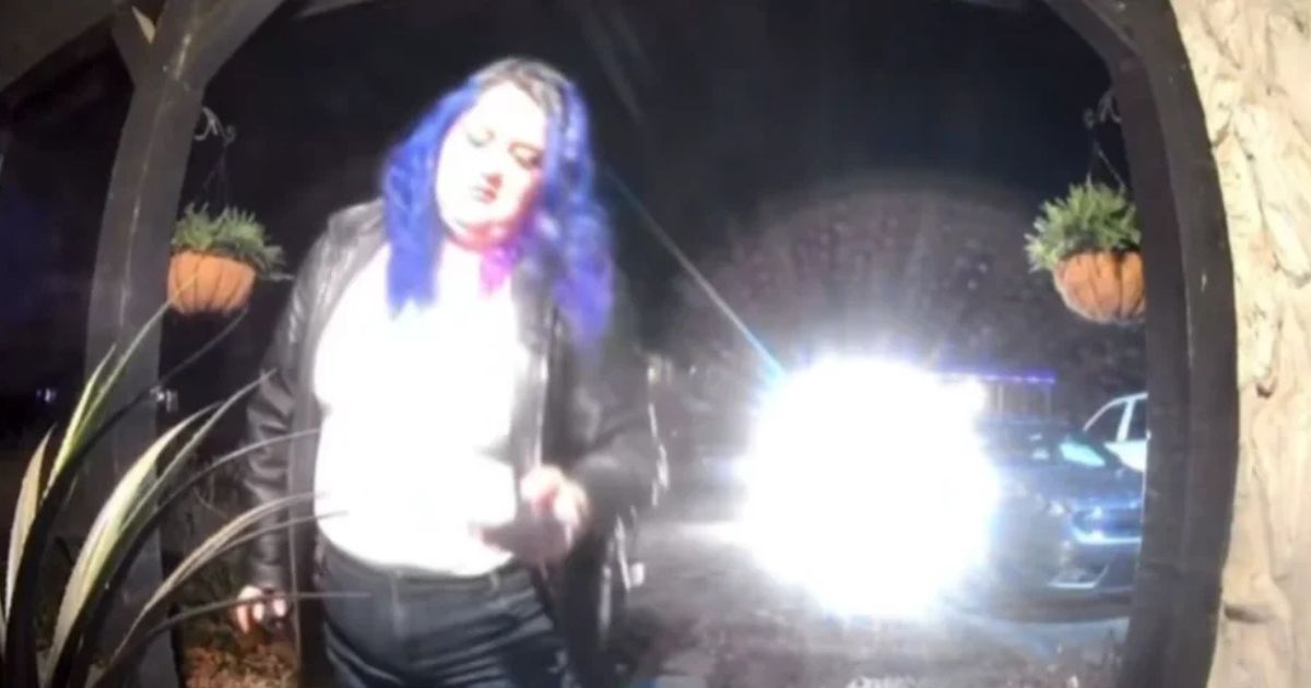 A DoorDash driver with blue hair was allegedly caught by a doorbell camera spiking an innocent woman's meal.