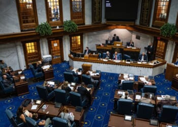 Indiana State Senators meet in the Senate chamber in the Indiana State Capitol building on July 25, 2022, in Indianapolis, Indiana.