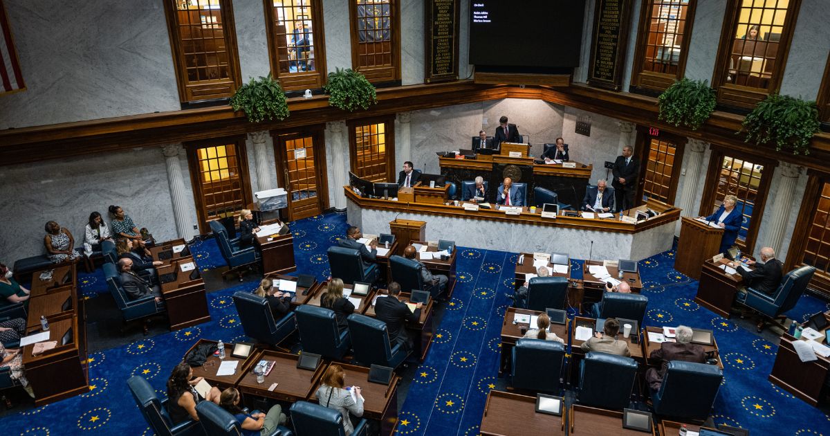 Indiana State Senators meet in the Senate chamber in the Indiana State Capitol building on July 25, 2022, in Indianapolis, Indiana.