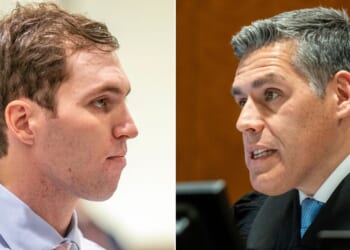 Fourth District Court Judge Tony Graf, right, ordered the release of a transcript -- with some redactions -- from an Oct. 24 closed-door hearing concerning the case against Tyler Robinson, left, accused of shooting conservative Christian speaker Charlie Kirk Sept. 10.