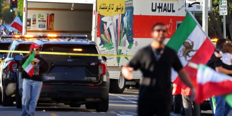 A U-Haul truck that reportedly was driven through an anti-Iranian regime rally on Jan. 11, 2026 in Los Angeles.
