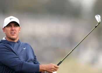 Brooks Koepka of the United States plays his second shot on the second hole on day one of the Alfred Dunhill Links Championship 2025 at Carnoustie Golf Links on Oct. 2, 2025, in Carnoustie, Scotland.