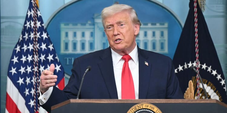 President Donald Trump speaks during a briefing in the Brady Briefing Room of the White House in Washington, D.C., on Jan. 20, 2026.