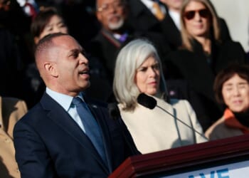 House Minority Leader Hakeem Jeffries and fellow Democratic leaders hold a media availability on the East Front Steps of U.S. Capitol on Dec. 18, 2025, in Washington, D.C.
