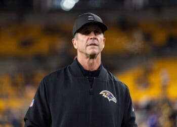 John Harbaugh of the Baltimore Ravens looks on prior to an NFL football game against the Pittsburgh Steelers at Acrisure Stadium on Jan. 4, 2026, in Pittsburgh, Pennsylvania.