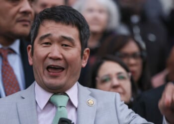 California Democratic Representative David Min speaks at a rally in Washington, DC on Feb. 4, 2025.