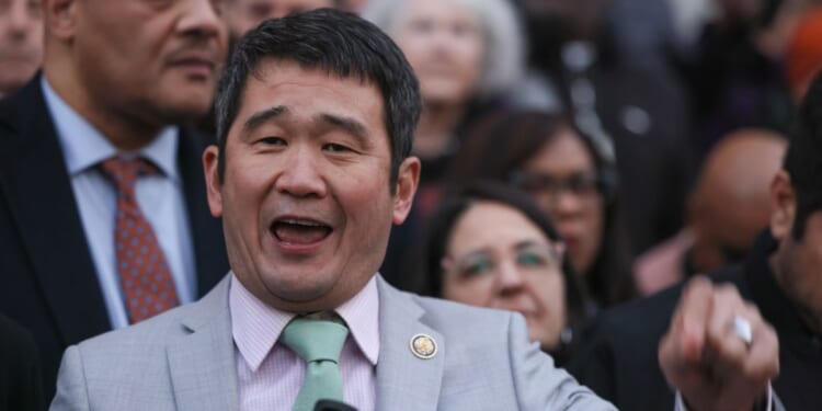 California Democratic Representative David Min speaks at a rally in Washington, DC on Feb. 4, 2025.