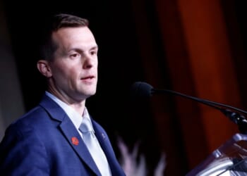 Rep. Jared Golden speaks on stage during Headstrong Washington DC Gala at Andrew W. Mellon Auditorium on Nov. 3, 2021, in Washington, D.C.