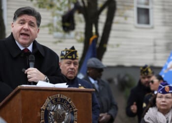 Illinois Governor JB Pritzker delivers a short speech at a ceremony in Chicago, Illinois, on Nov. 11, 2025.
