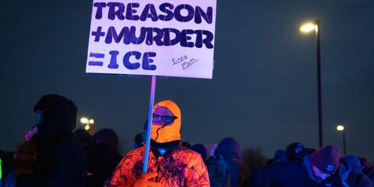 Anti-ICE protesters and/or agitators gather outside of the Whipple federal building on Jan. 17, 2026 in Minneapolis, Minnesota.