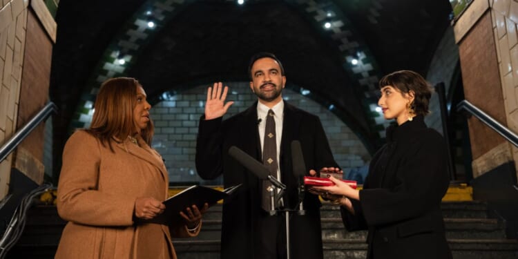 New York Mayor Zohran Mamdani is sword in in the former City Hall subway station on Jan. 1, 2026.