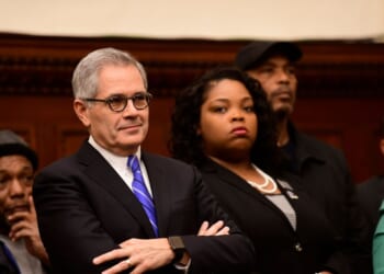 Philadelphia District Attorney Larry Krasner reacts while being mentioned by Danielle Outlaw at a news conference announcing her as the new Police Commissioner on Dec. 30, 2019, in Philadelphia, Pennsylvania.