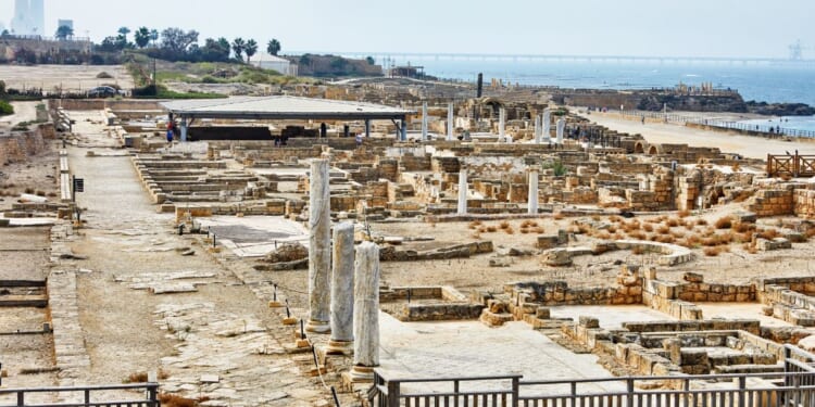 A view of the excavations of Herod's palace in Caesarea Maritima National Park.
