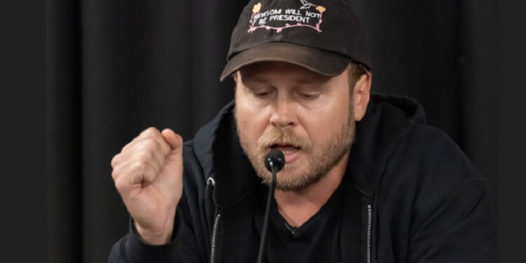 Former reality TV star Spencer Pratt speaks in November before a U.S. Senate field hearing on last year's California wildfires. The hearing was held in an American Legion post in Pacific Palisades. (Myung J. Chun / Los Angeles Times via Getty Images)