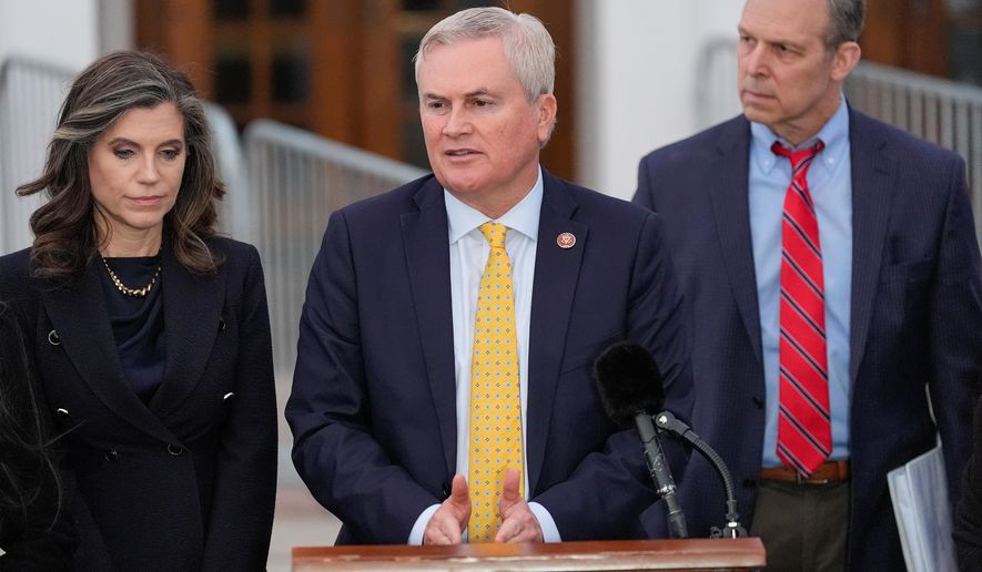 Rep. James Comer, R-KY, speaks outside the Chappaqua Performing Arts Center after a deposition by former Secretary of State Hillary Clinton who was testifying before U.S. House lawmakers as part of a congressional investigation into convicted sex offender Jeffrey Epstein, Thursday, Feb. 26, 2026, in Chappaqua, N.Y. (AP Photo/Yuki Iwamura)