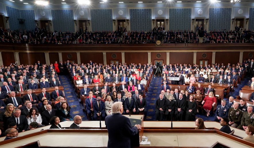 President Donald Trump delivers the State of the Union address to a joint session of Congress in the House chamber at the U.S. Capitol in Washington, Tuesday, Feb. 24, 2026. (Jessica Koscielniak/Pool Photo via AP)
