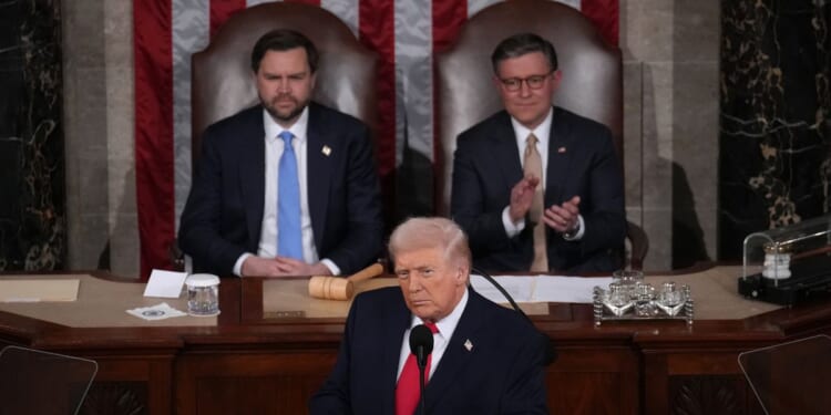 President Donald Trump delivers his State of the Union address during a joint session of Congress at the U.S. Capitol on Feb. 24, 2026, in Washington, D.C.
