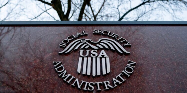 The Social Security Administration’s logo displayed outside of the Maryland headquarters on February 19, 2025.