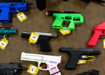 A collection of 3D printed guns and guns that have been modified using 3D printed parts is seen in the National Firearm Reference Vault, which holds thousands of guns, at the Bureau of Alcohol, Tobacco, Firearms, and Explosives National Services Center in Martinsburg, West Virginia, on Sept. 4, 2024.
