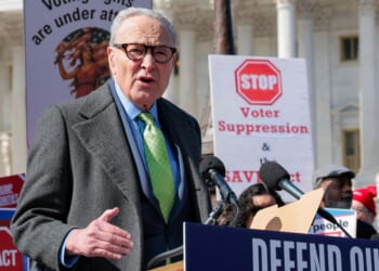 Senate Minority Leader Chuck Schumer attends a rally to speak out against the SAVE America Act outside the U.S. Capitol on March 18, 2026, in Washington, D.C.