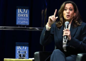 Former Vice President Kamala Harris speaks onstage in Atlanta, Georgia, Oct. 8 during her "107 Days" book tour.