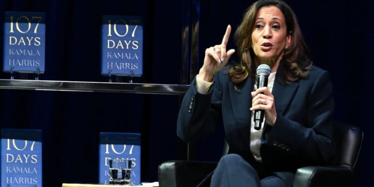 Former Vice President Kamala Harris speaks onstage in Atlanta, Georgia, Oct. 8 during her "107 Days" book tour.