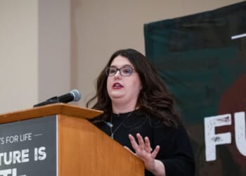 Kristan Hawkins, president of Students for Life of America, speaks about the pro-life movement's post-Roe plans on April 27, 2022, on the campus of the University of Virginia in Charlottesville, Virginia.