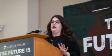 Kristan Hawkins, president of Students for Life of America, speaks about the pro-life movement's post-Roe plans on April 27, 2022, on the campus of the University of Virginia in Charlottesville, Virginia.