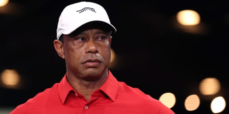Tiger Woods watches after a match against the Los Angeles Golf Club at SoFi Center in Palm Beach Gardens, Florida, on March 24, 2026.